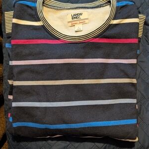 Lands' End Women's Crewneck Sweatshirtr - Black with Blue and Pink Stripes